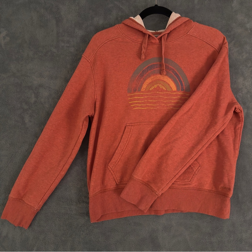 Prana Soft Orange Terry Cloth Hoodie Graphic Sun and Water Design Beach Surf
